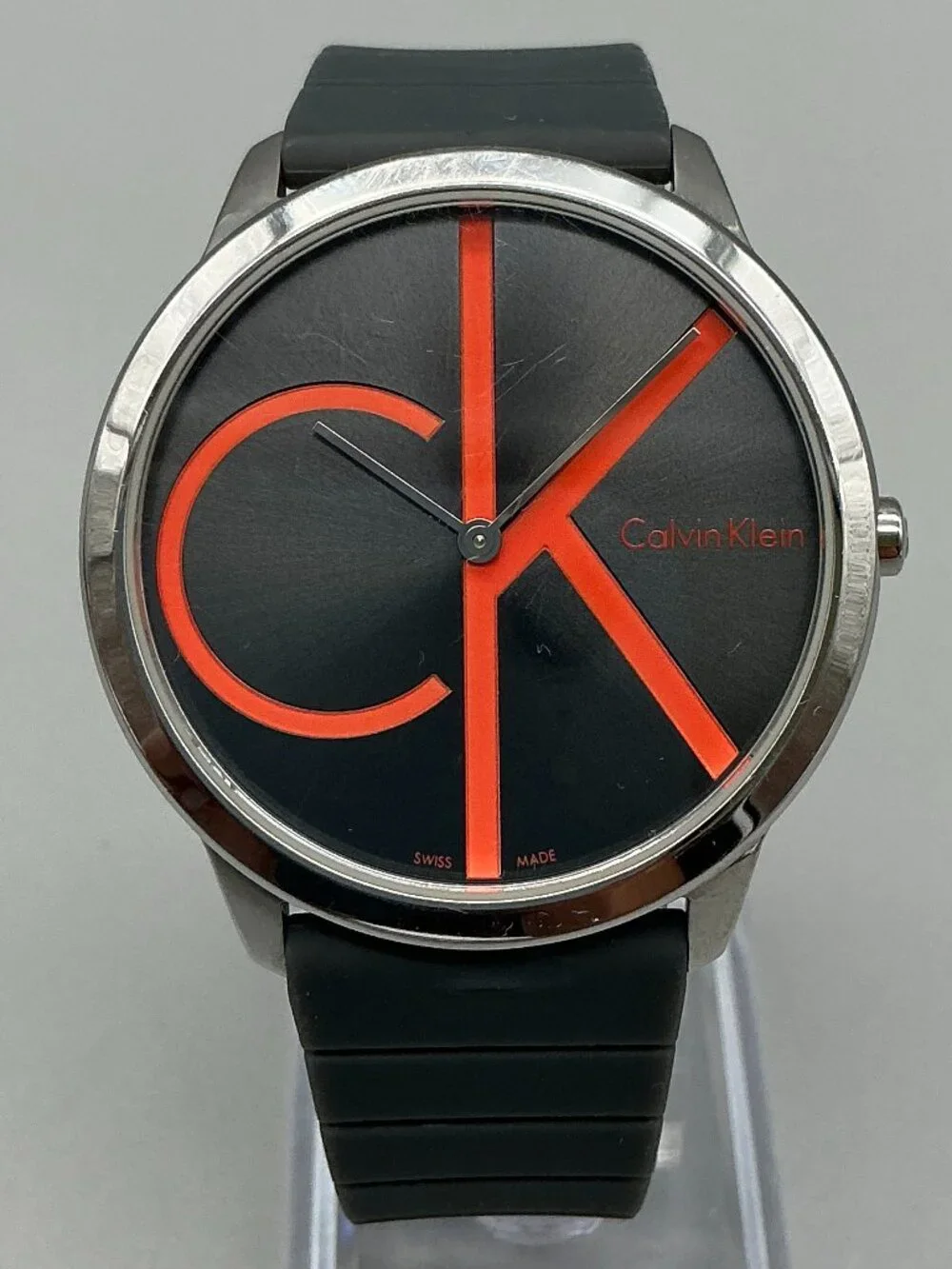 Calvin Klein Minimal Unisex 40mm Silver Tone Black Red Dial Stainless Steel Case